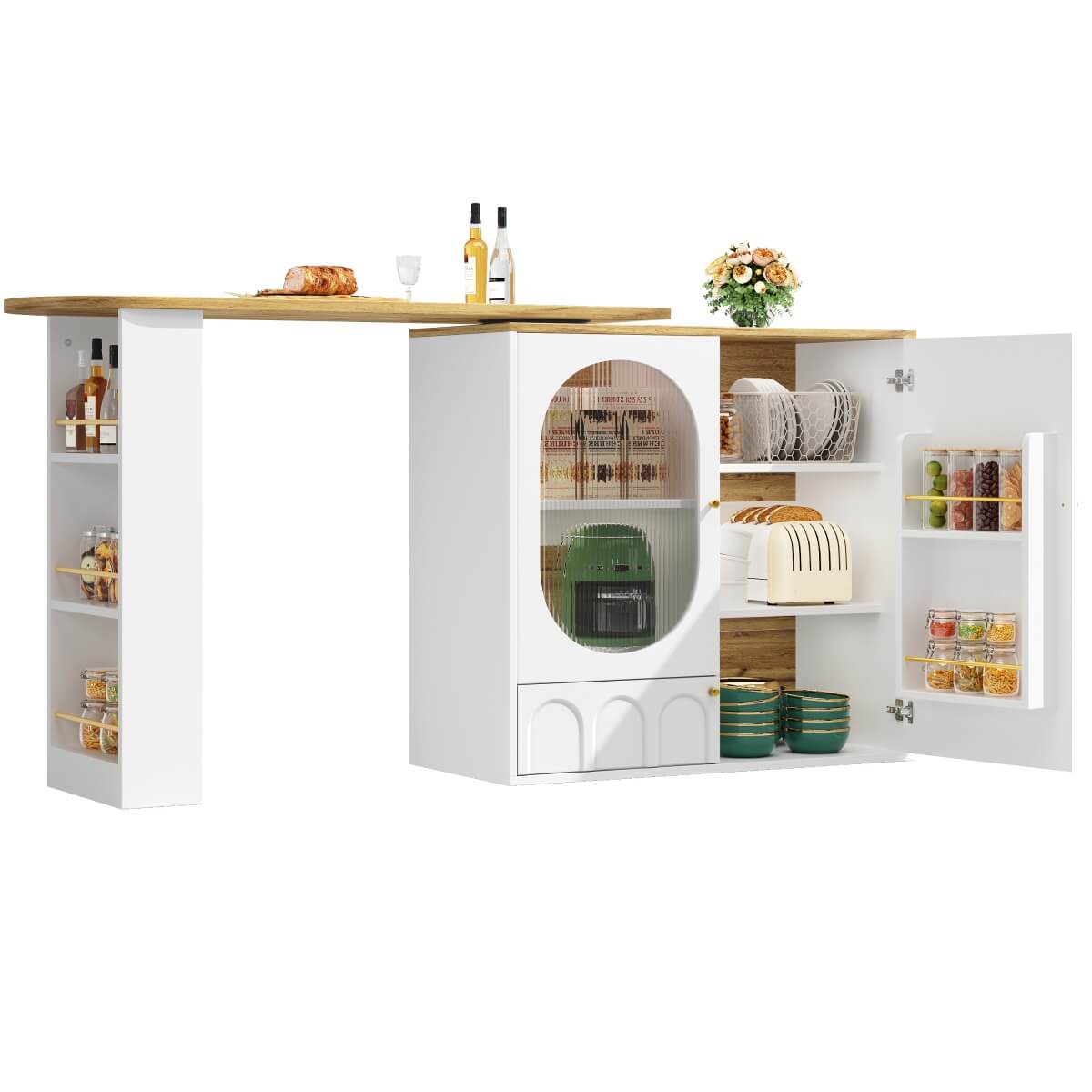 Modern Swivel Bar Table with Storage - White Rotating Kitchen Island with Shelves and 2 Doors