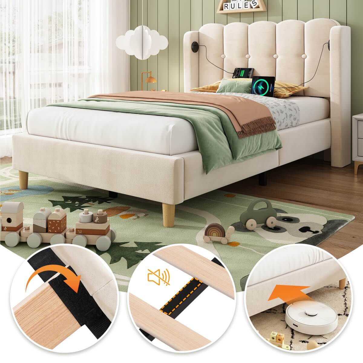 3ft Single Upholstered Bed - Velvet Bed Frame with USB & Type-C Charging, Wooden Slats, Beige