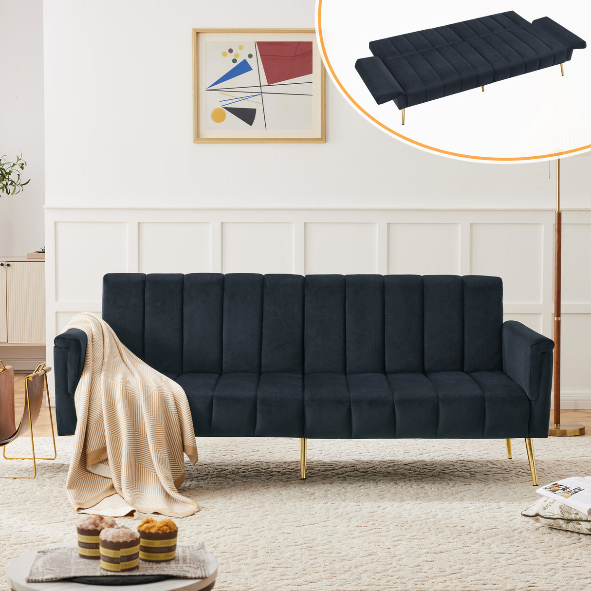 Modern Adjustable Velvet Sofa Bed with MultiPosition Backrest & Armrests, Metal Legs, Convertible Sleeper Function, Ideal for Living Room, Bedroom, Home Theater & Guest Room, Black, Video Included
