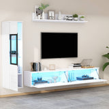 3-Piece White TV Wall Unit with LED Lights - High Gloss TV Stand, Display Cabinet and Wall Shelf for Living Room