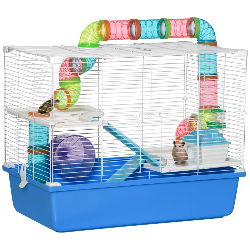 Hamster Cage, Gerbil Cage 3 Tier with Tube, Exercise Wheel, Water Bottle, Food Dish - Blue