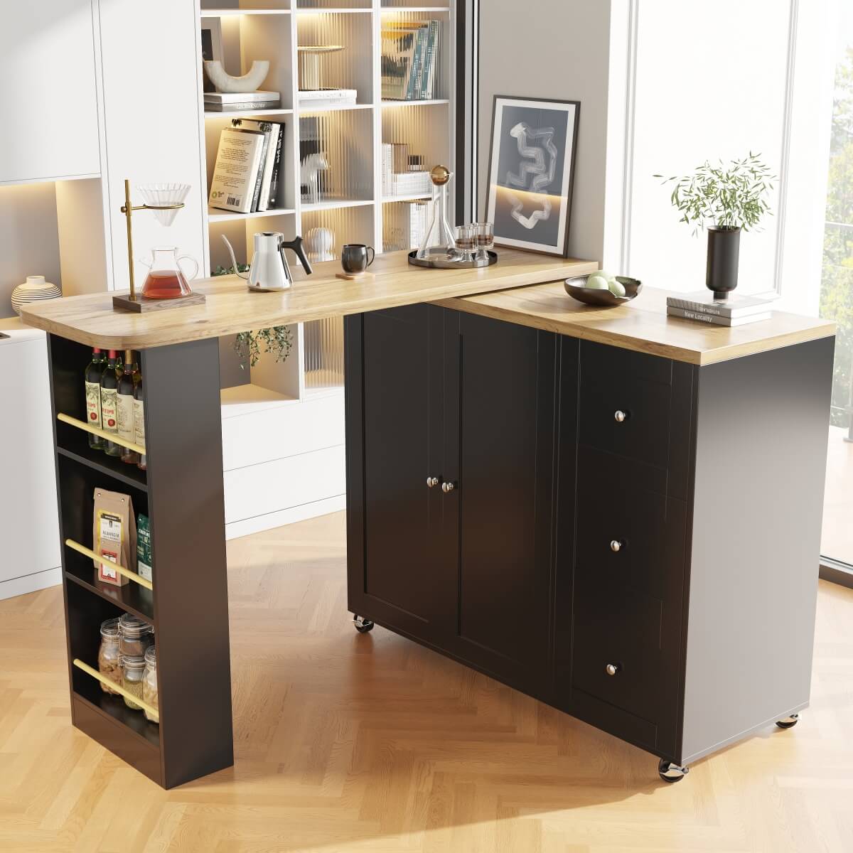 360° Rotating Kitchen Island - Extendable Bar Table with 3 Drawers, Snack Rack & Castors, Multifunctional Storage Cabinet, Black
