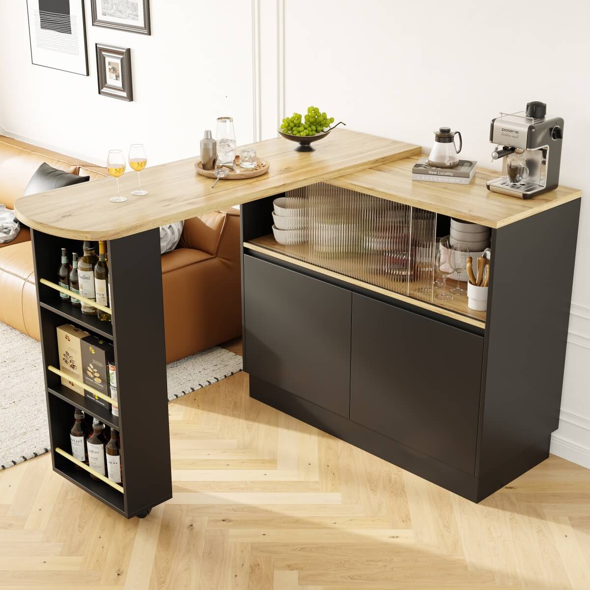 360° Swivel Kitchen Bar Sideboard - Modern Black Multifunctional Storage Cabinet with Glass Shelves