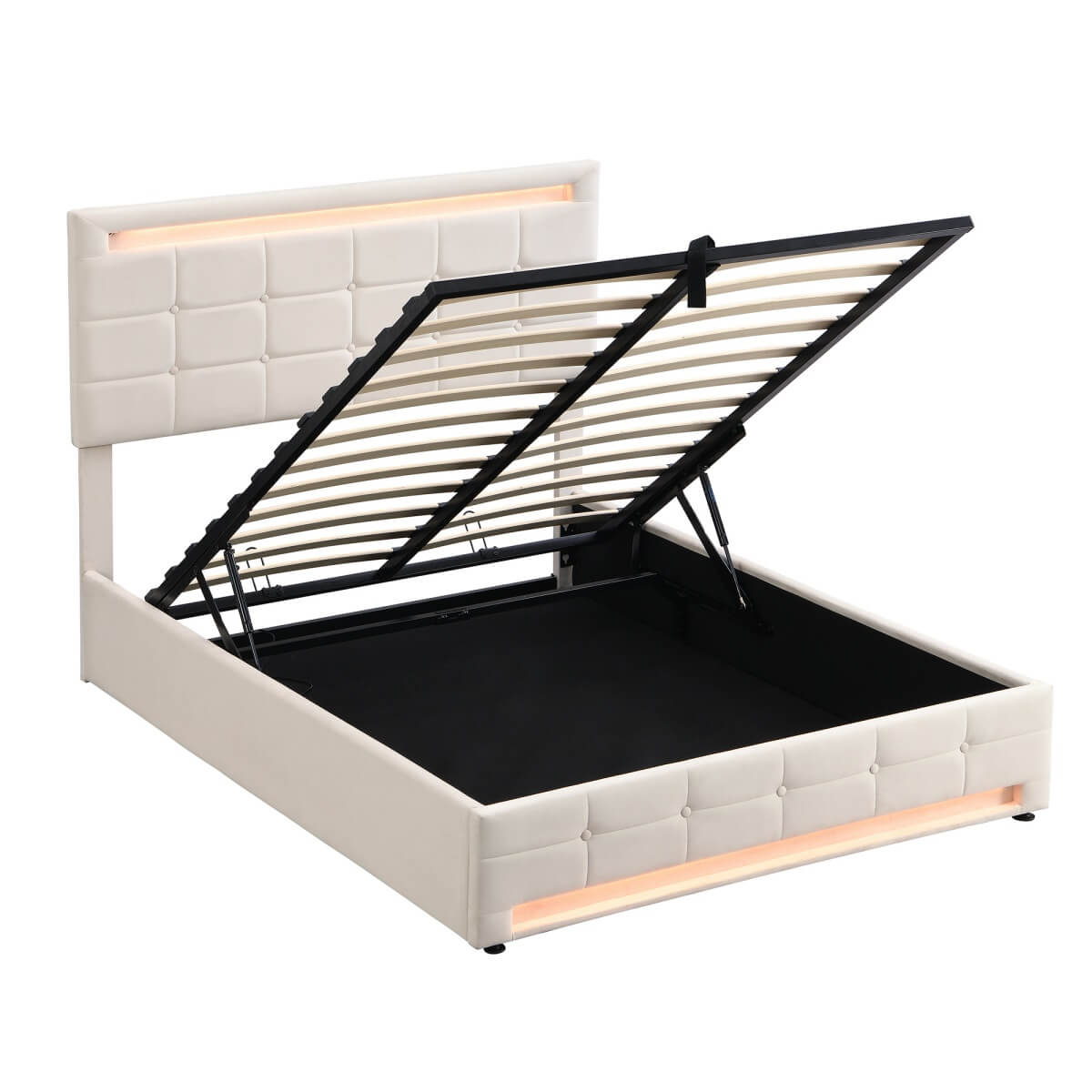 4ft6 Double Velvet Hydraulic Storage Bed with LED Lights - Upholstered Bed Frame, Beige