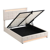 4ft6 Double Velvet Hydraulic Storage Bed with LED Lights - Upholstered Bed Frame, Beige