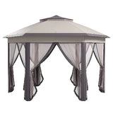 Garden Gazebo Hexagon Pop Up Tent Double Roof Instant Shelter with Netting, Beige