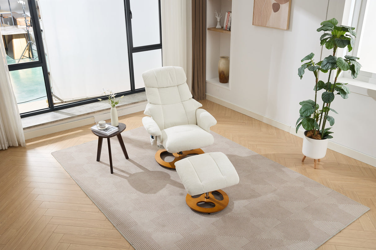 Chenille Upholstered Massage Recliner with Ottoman Footstool, 5 Points Massager, White