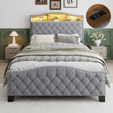 Upholstered Bed, 4ft6 double bed 135x190cm, Storage Bed, Soft backrest, With bed slats, With LED light strip, For adults & teenagers, Velvet, Grey