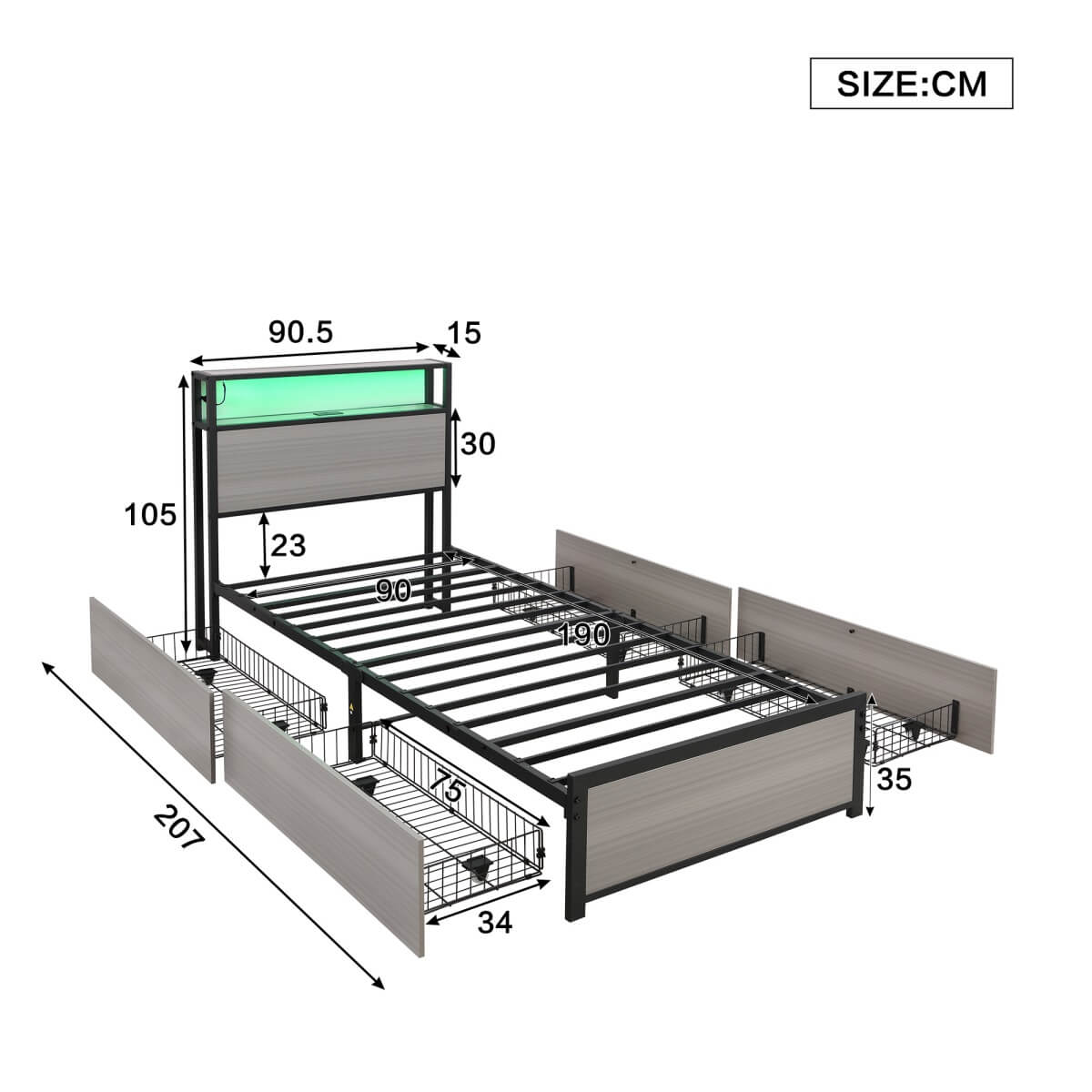 3FT Metal Bed Frame with LED Lights & 4 Drawers - Single Storage Bed with USB & Type-C Charging, Grey