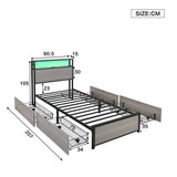 3FT Metal Bed Frame with LED Lights & 4 Drawers - Single Storage Bed with USB & Type-C Charging, Grey