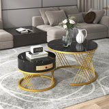 2 in 1 Round Coffee Table Set - Marble Effect Top, Rattan Drawers, Gold Metal Legs