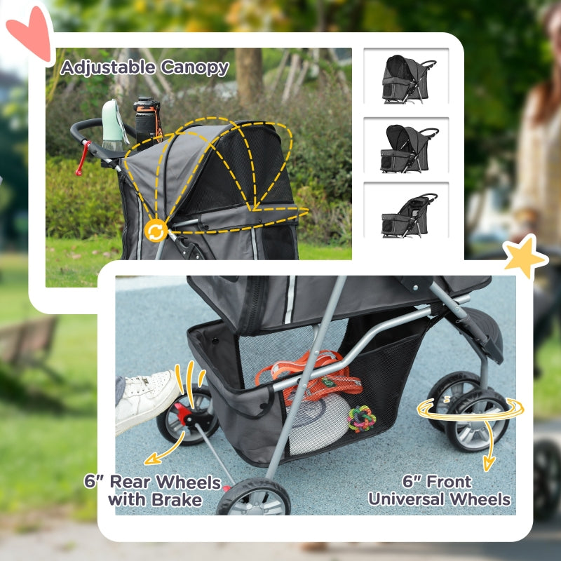 Pet Stroller with Zipper, 3 Wheel Removable & Washable Bottom Pad, Charcoal Grey