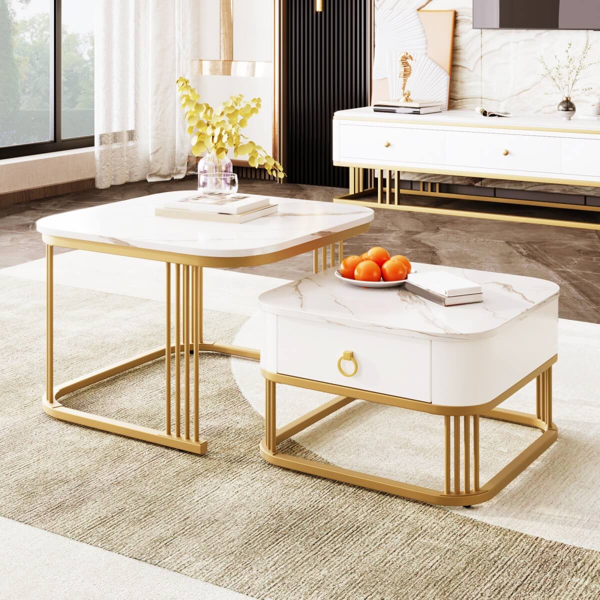 Set of 2 Nesting Coffee Tables - High Gloss Marble Effect with Gold Accents and Drawer