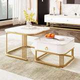 Set of 2 Nesting Coffee Tables - High Gloss Marble Effect with Gold Accents and Drawer