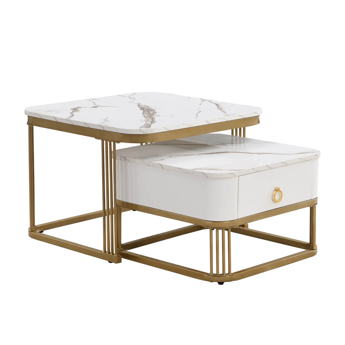 Set of 2 Nesting Coffee Tables - High Gloss Marble Effect with Gold Accents and Drawer