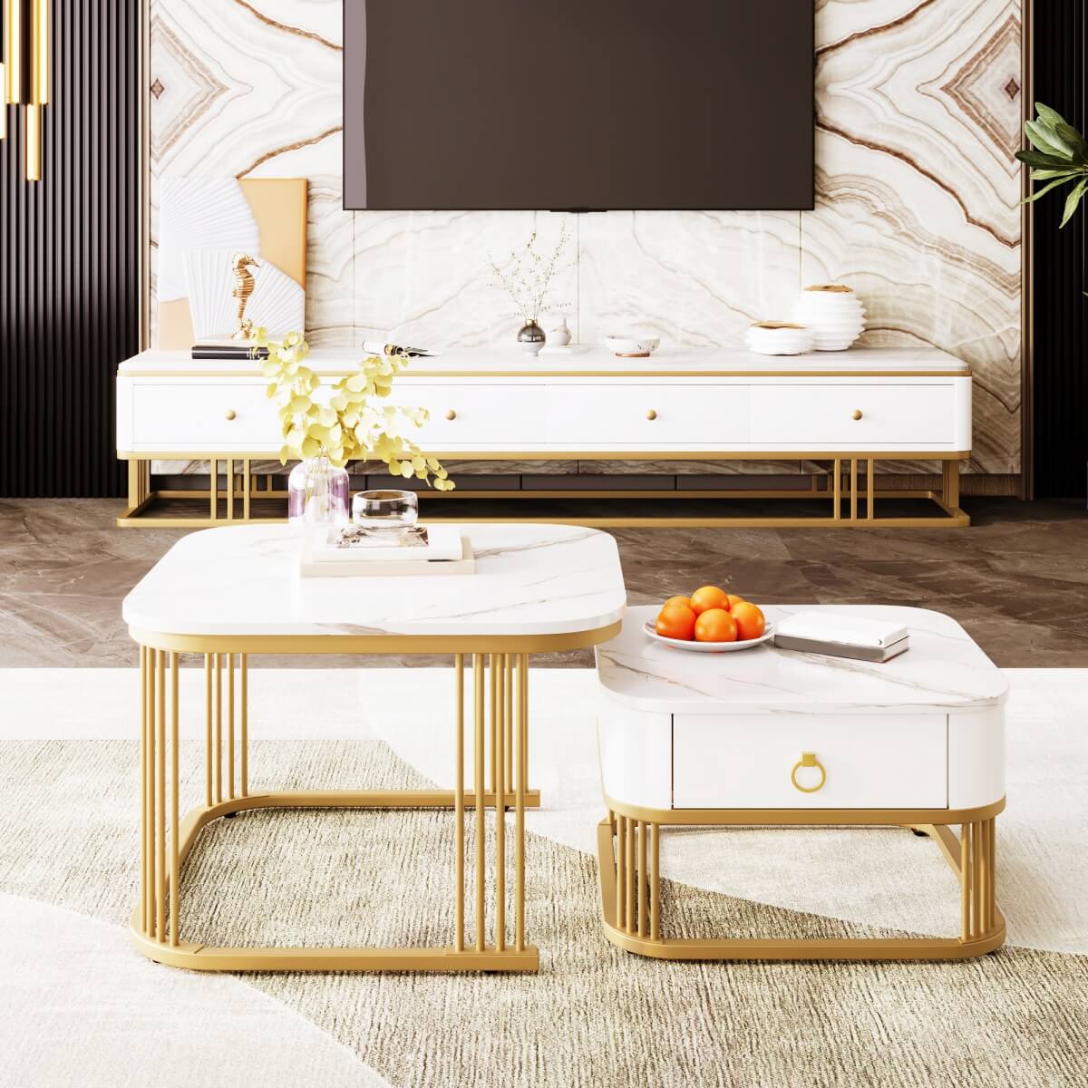 Set of 2 Nesting Coffee Tables - High Gloss Marble Effect with Gold Accents and Drawer