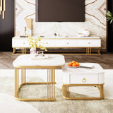 Set of 2 Nesting Coffee Tables - High Gloss Marble Effect with Gold Accents and Drawer