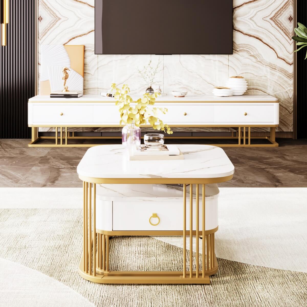Set of 2 Nesting Coffee Tables - High Gloss Marble Effect with Gold Accents and Drawer