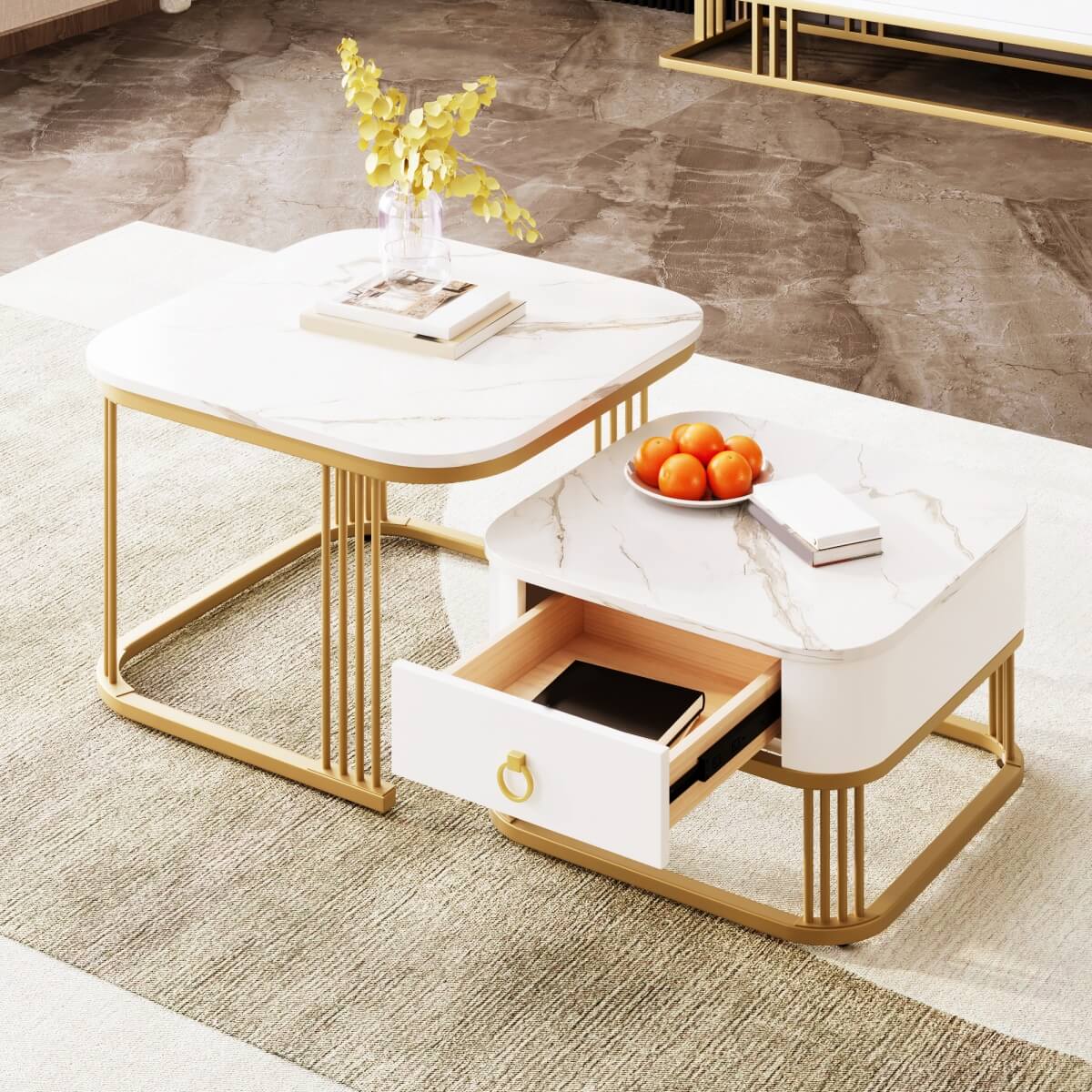 Set of 2 Nesting Coffee Tables - High Gloss Marble Effect with Gold Accents and Drawer