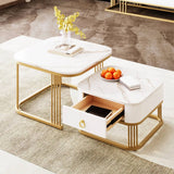 Set of 2 Nesting Coffee Tables - High Gloss Marble Effect with Gold Accents and Drawer