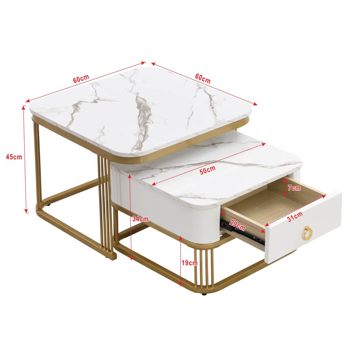 Set of 2 Nesting Coffee Tables - High Gloss Marble Effect with Gold Accents and Drawer