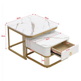 Set of 2 Nesting Coffee Tables - High Gloss Marble Effect with Gold Accents and Drawer