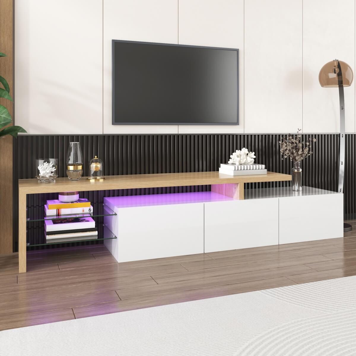 Modern TV Stand - High Gloss White TV Unit with Glass Shelves, LED Lighting & Storage, Wood Effect Design