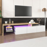 Modern TV Stand - High Gloss White TV Unit with Glass Shelves, LED Lighting & Storage, Wood Effect Design