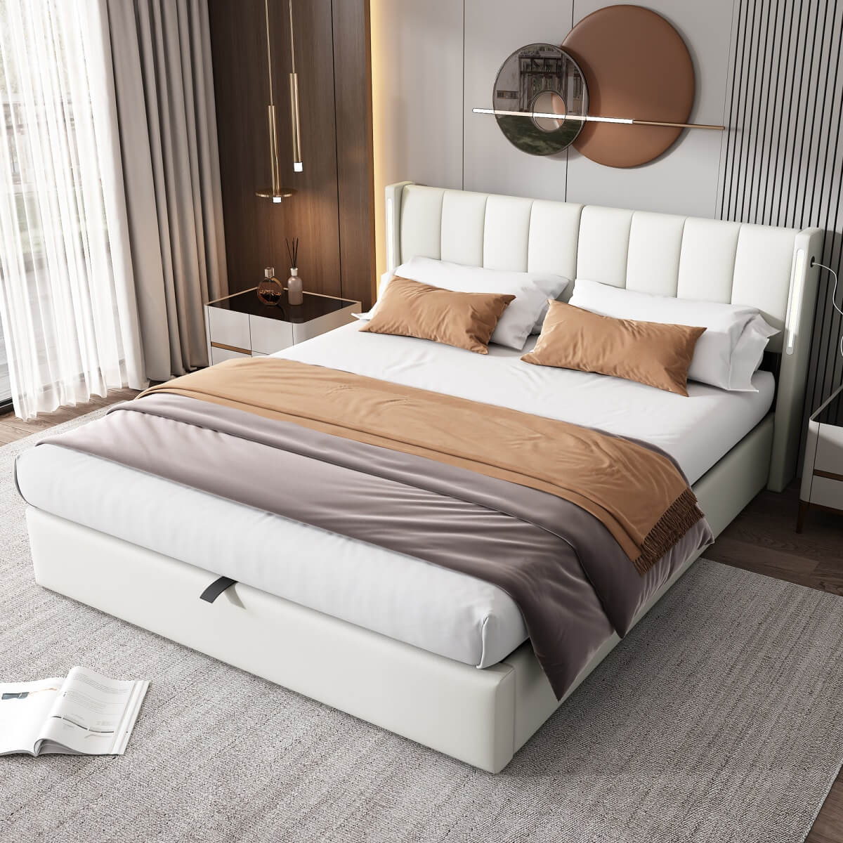 6ft Super King PU LED Storage Bed – Upholstered Bed with USB Charging and Adjustable Headboard