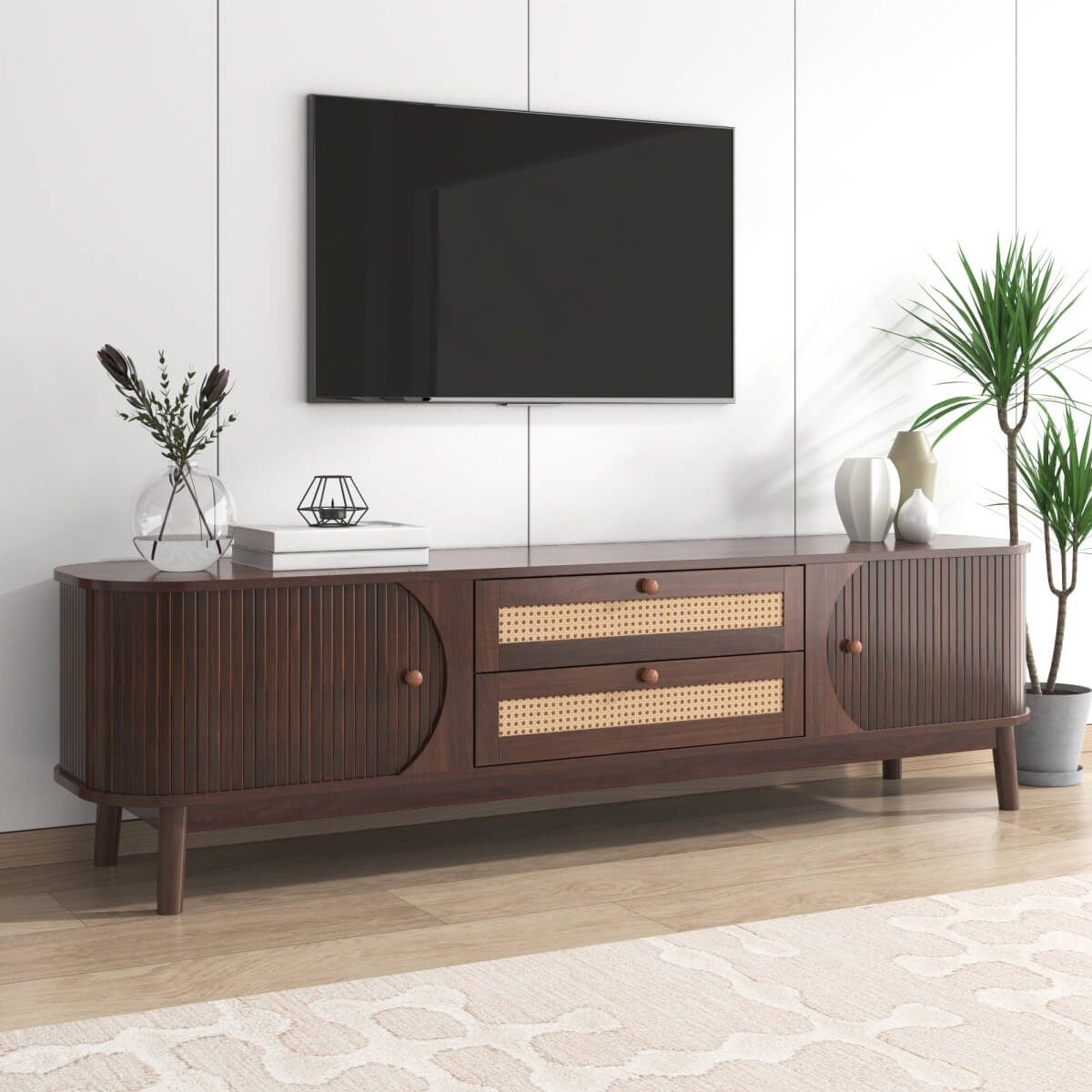 TV Unit with Rattan Effect Drawers and Doors - Country Style TV Stand with Storage, Natural Walnut Effect