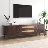 TV Unit with Rattan Effect Drawers and Doors - Country Style TV Stand with Storage, Natural Walnut Effect