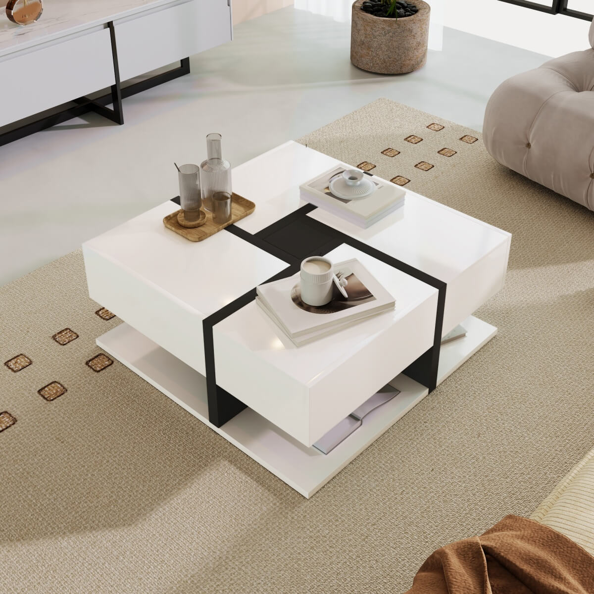 Modern Coffee Table with 4 Drawers - Unique Two-Tone Design and Bottom Storage Space