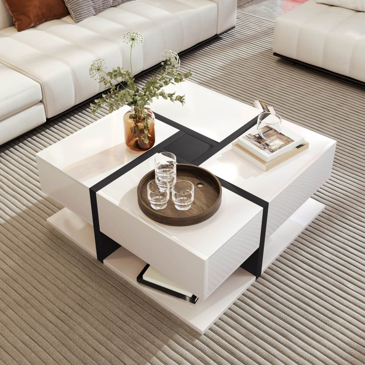 Modern Coffee Table with 4 Drawers - Unique Two-Tone Design and Bottom Storage Space