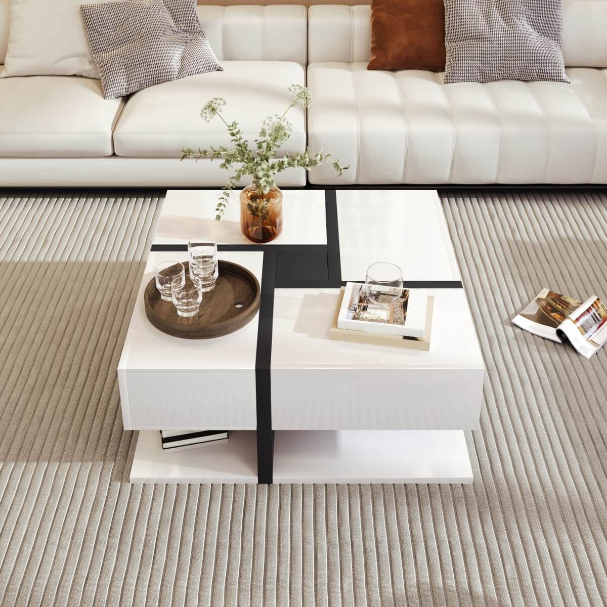Modern Coffee Table with 4 Drawers - Unique Two-Tone Design and Bottom Storage Space
