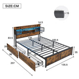Metal Bed, 4ft6 Double 135x190cm with LED, 2 Drawers & 3 Charge Ports, Black/Wood