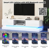 160cm High Gloss LED TV Stand - White TV Cabinet with 2 Drawers & Open Storage