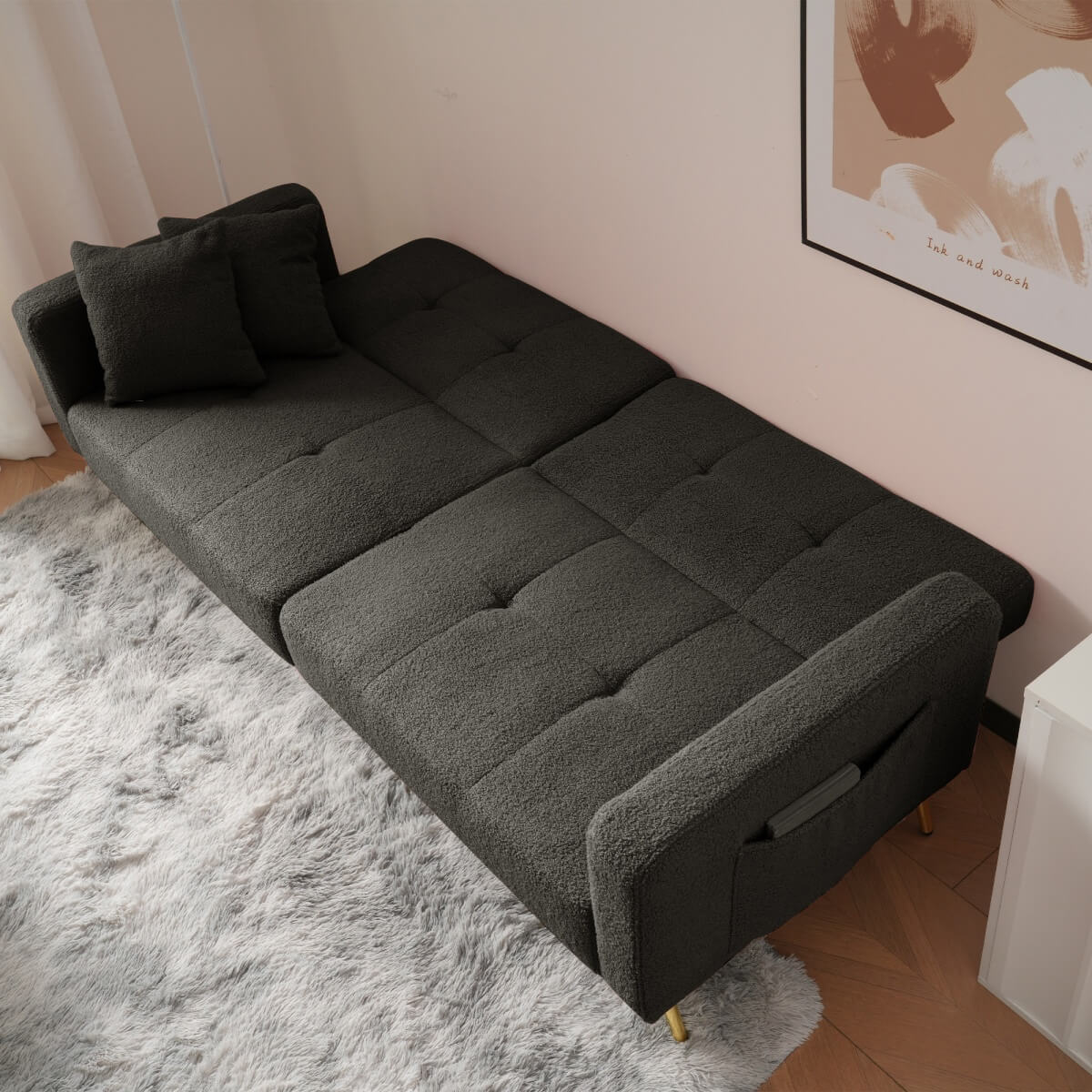 Modern Convertible Sofa Bed - Adjustable Recliner with Gold Legs and Side Storage Pockets,  Dark Gray