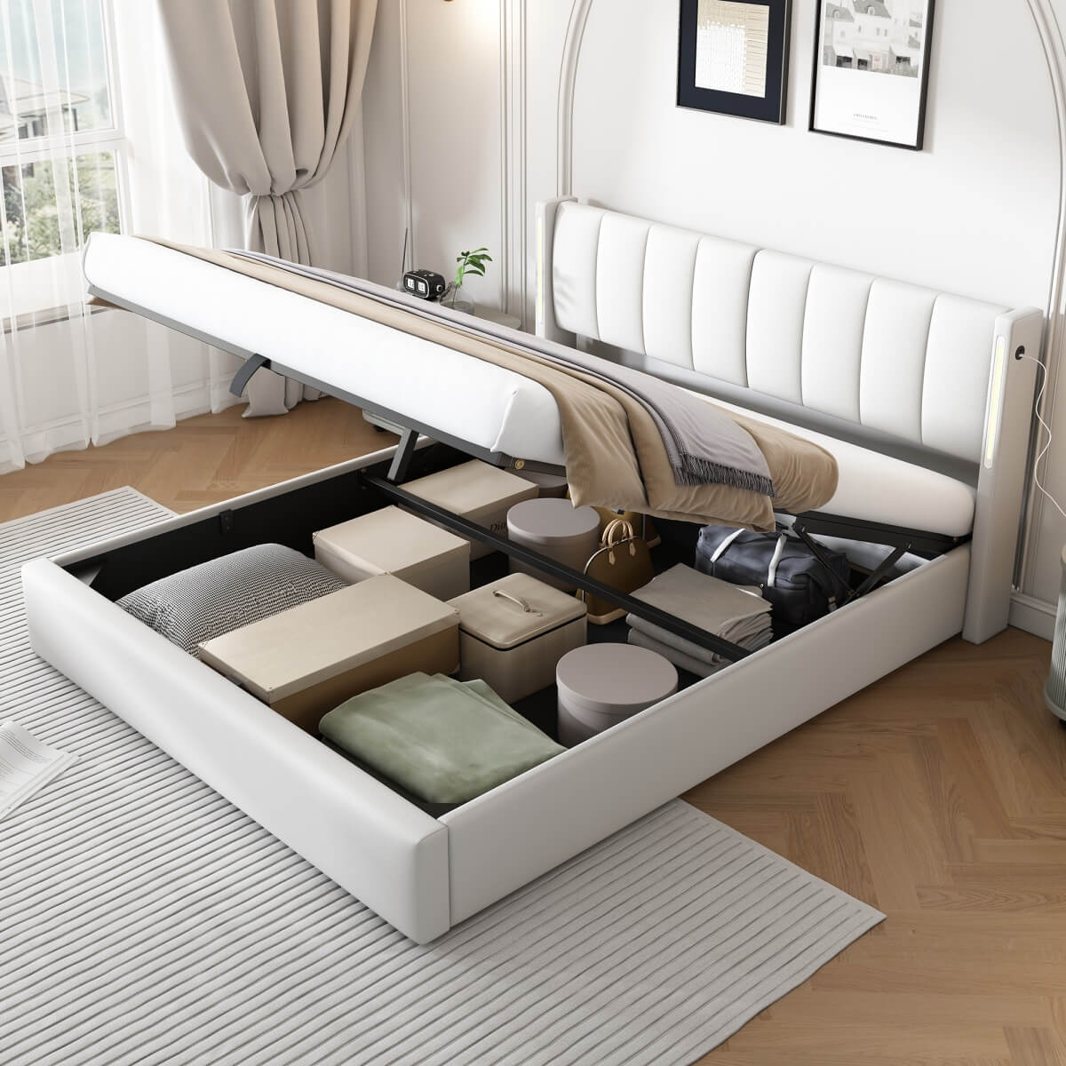 6ft Super King PU LED Storage Bed – Upholstered Bed with USB Charging and Adjustable Headboard