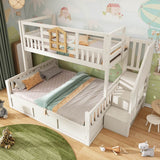 Kids Staircase Bunk Bed with Storage - Wooden Double Bunk Bed with Hydraulic Storage Cubes, White