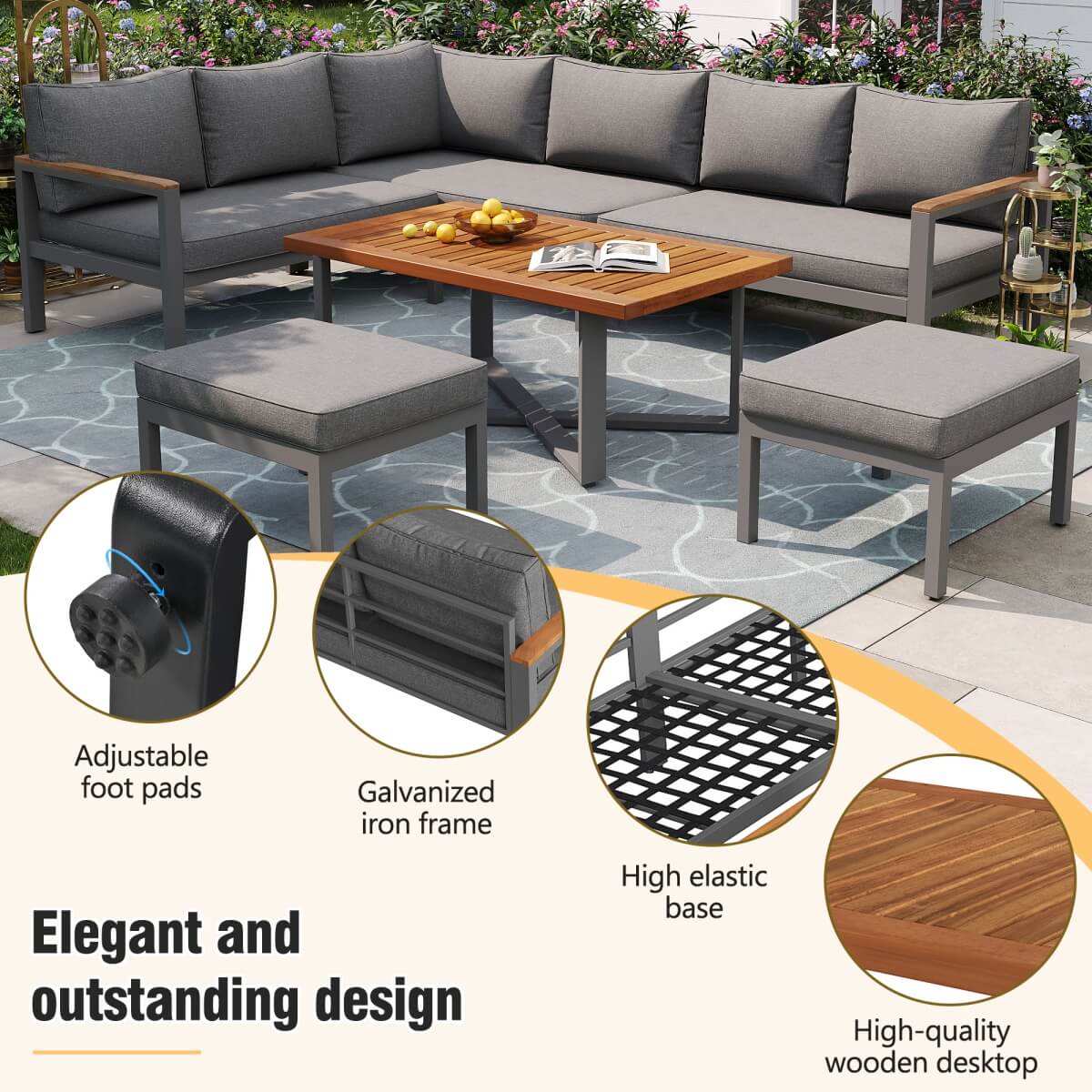 7-8 Seater Rattan Garden Furniture Set - L Shaped Corner Sofa with Coffee Table and Stools, Grey