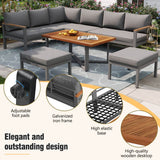 7-8 Seater Rattan Garden Furniture Set - L Shaped Corner Sofa with Coffee Table and Stools, Grey