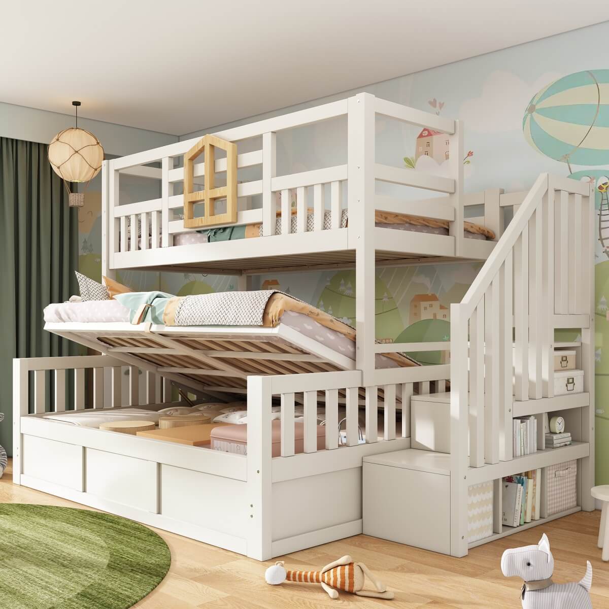 Kids Staircase Bunk Bed with Storage - Wooden Double Bunk Bed with Hydraulic Storage Cubes, White