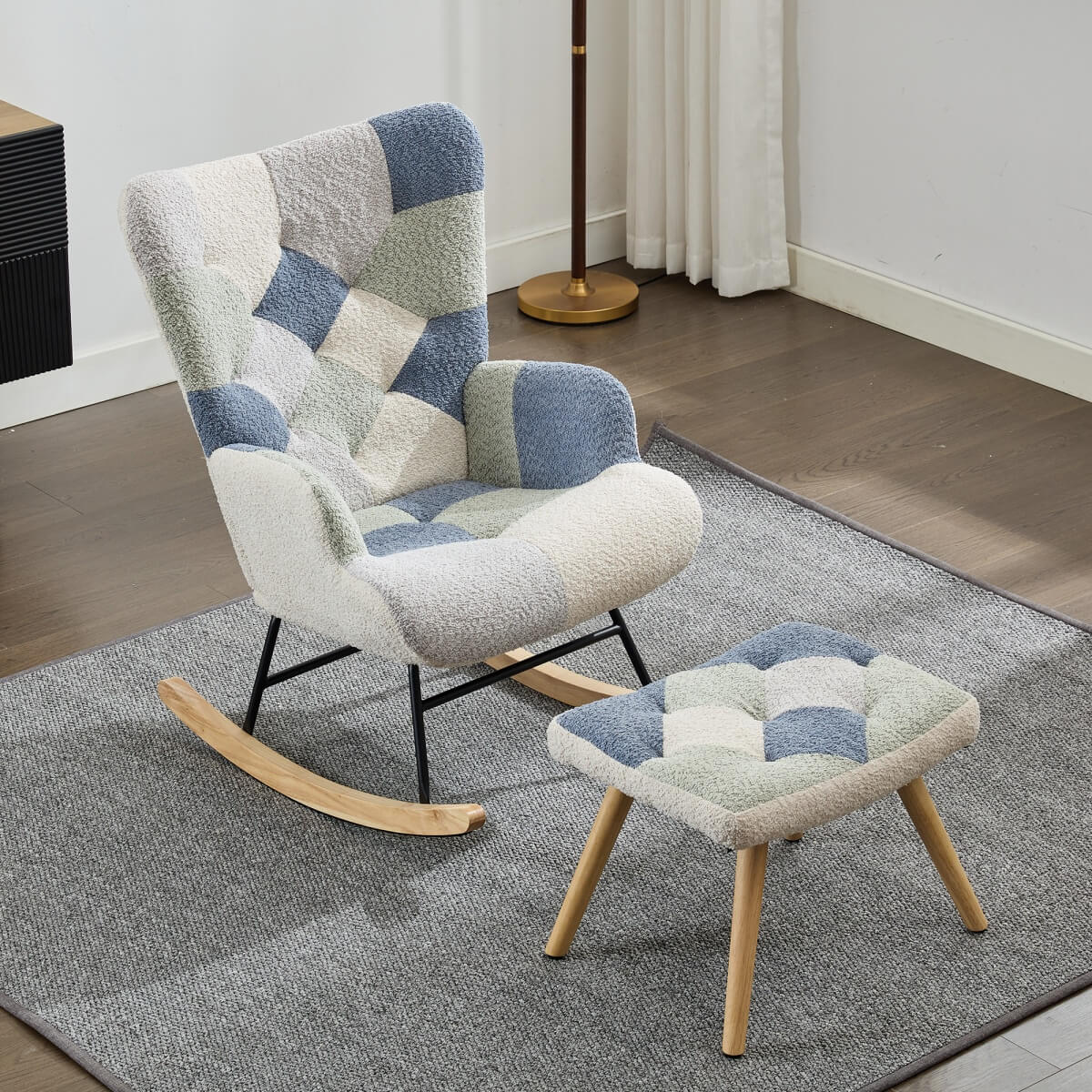Teddy Rocking Chair with Solid Wood Legs - High Back Recliner Chair for Living Room or Bedroom
