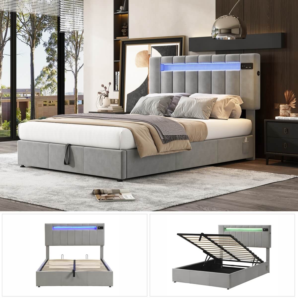 4ft6 Double Velvet Hydraulic Storage Bed - LED Bed with Bluetooth Speaker, USB & Side Pockets, Grey