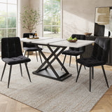Dining Set (5-Piece) Extendable for 4 People with Black Velvet Chairs and White Marble Table
