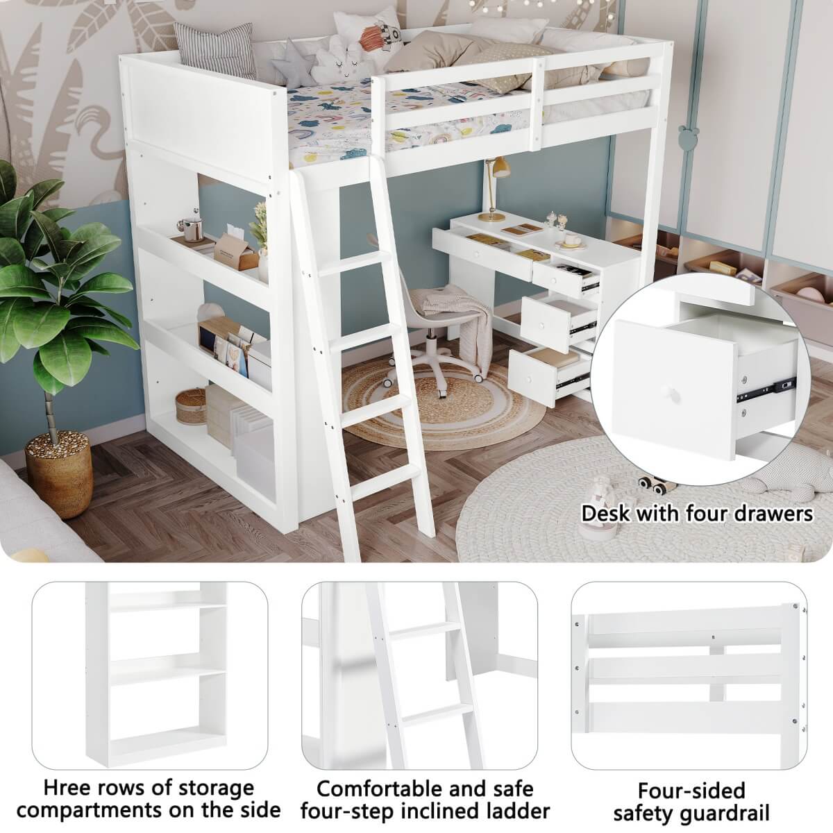 3ft Kids Bunk Bed with Desk & Storage – White Wooden Bed with 4-Step Ladder, Drawers & Shelves