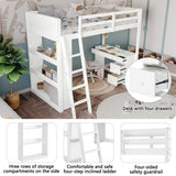 3ft Kids Bunk Bed with Desk & Storage – White Wooden Bed with 4-Step Ladder, Drawers & Shelves