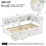 3ft Single L-Shape Daybed with 2 Storage Drawers & Bookcase - Modern Wooden Bed Frame with Charging Station, White