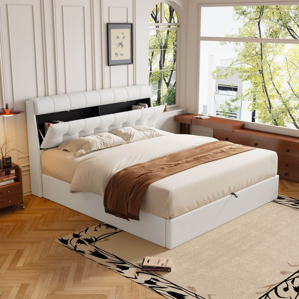 4ft6 Double Upholstered Bed – PU Hydraulic Bed with Concealed Headboard & Bed Box Storage