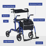 2 in 1 Wheelchair Transport Chair & Folding Rollator Walker with Seat, Backrest, Footrest, Lightweight, Adjustable Height, Pearl Blue